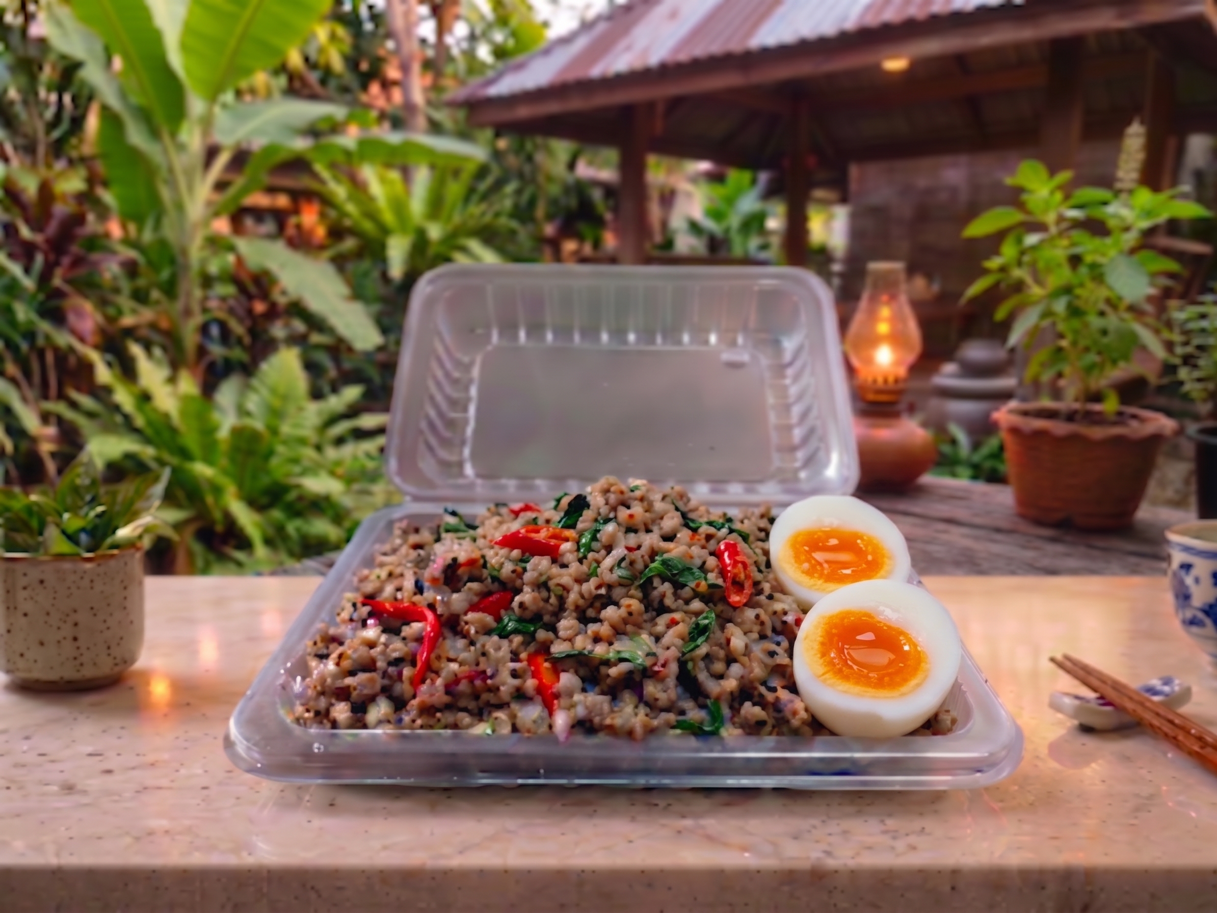 A mouth-watering dish of Thai basil beef served with rice and a perfectly fried egg.
